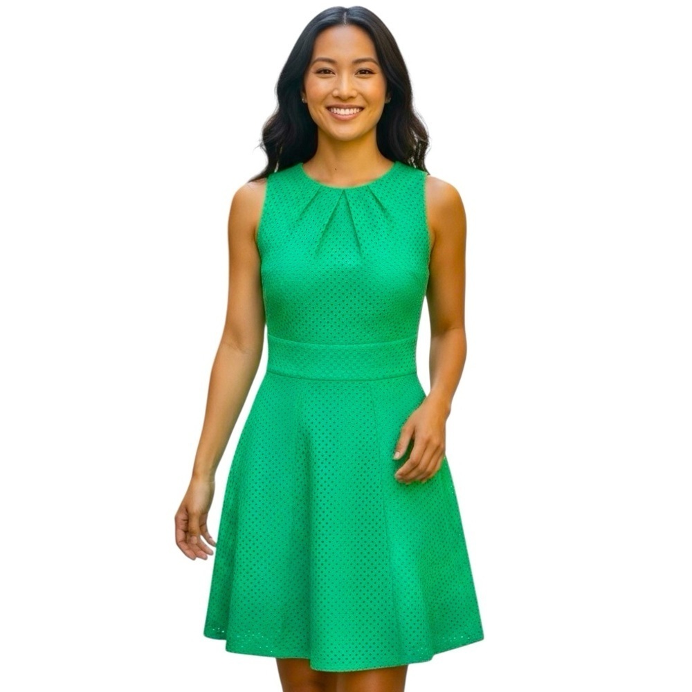 New York & Co Green Eyelet Sleeveless Fit Flare Cotton Blend Dress Womens Size 8